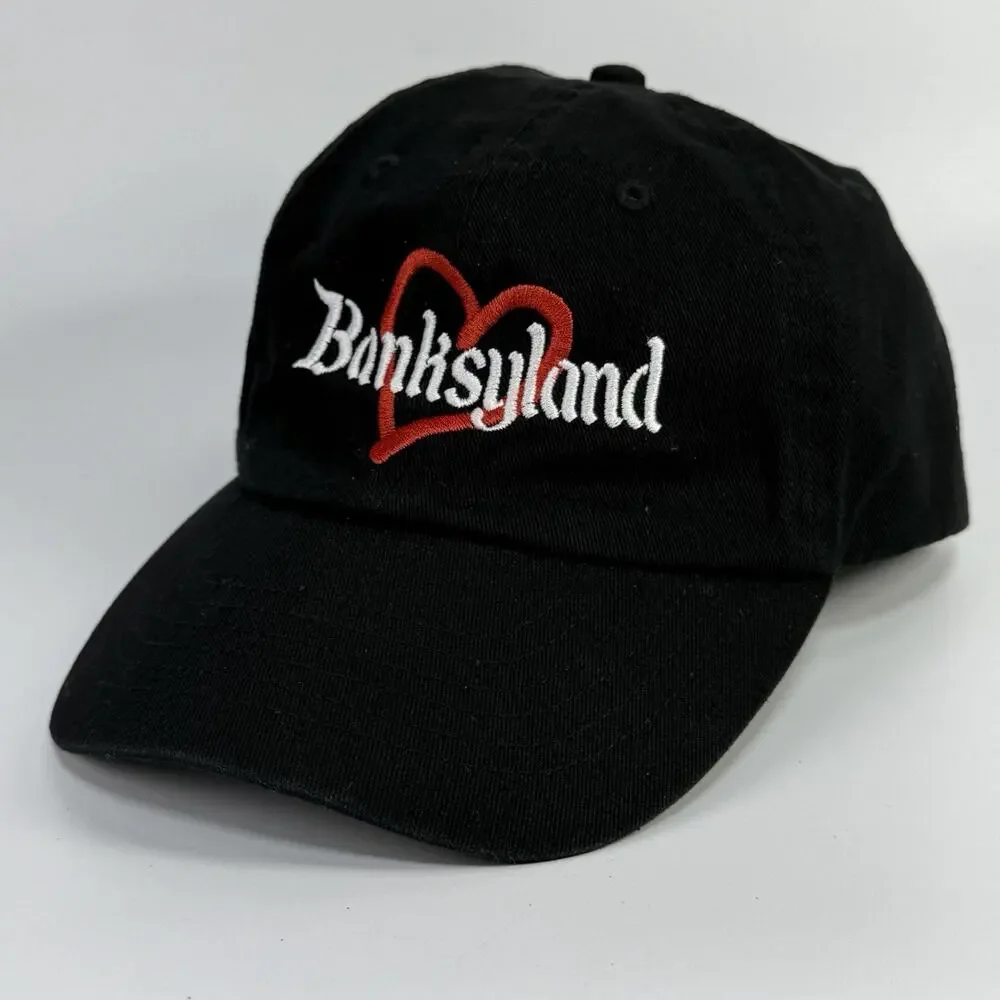 Black Banksyland Adjustable Hat Cap Embroidered Cotton Red Heart Banksy